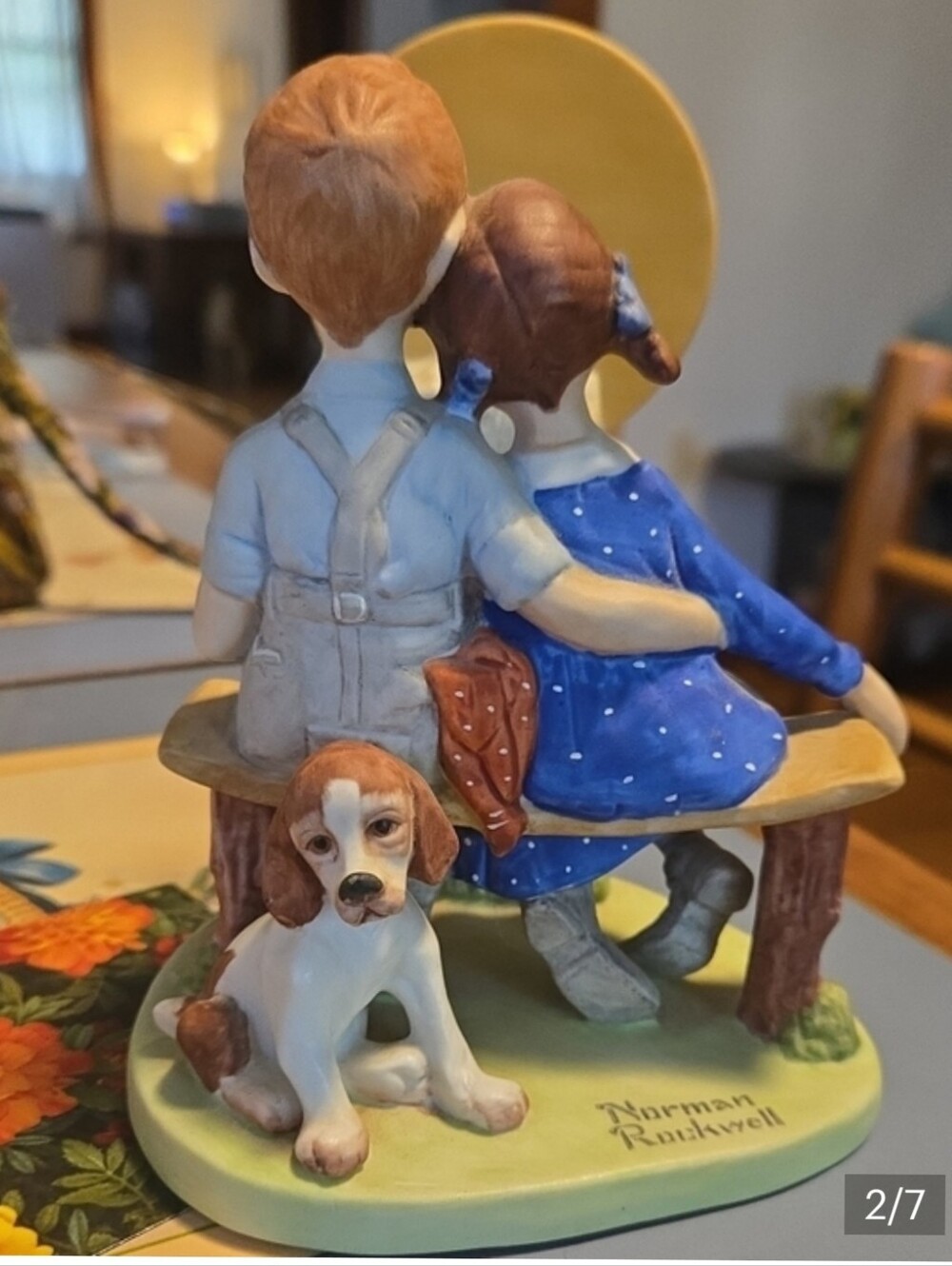 Norman Rockwell Young Lovev Bench Figurine in Blue and Tan